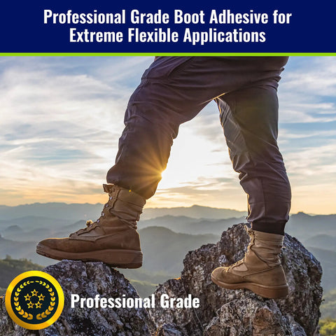 Hiker using Fast Dry Boot Repair Glue That Fixes Boots In Seconds, Tough Yet Flexible Waterproof Seal For Heels And Soles, Works On Boots, Sneakers, And More, DIY Shoe Repair You Can Really Trust, standing on rocky terrain.