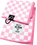 Pink Microfiber Golf Towel With Clip For Women 12x20 Inch Checkered Blue And White Design For Golf Bags Womens Golf Towel