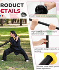 Person demonstrating 2 Pack 33.5 Inch Foam Swords For Adults with wood handle, emphasizing durability and washable features, outdoors.