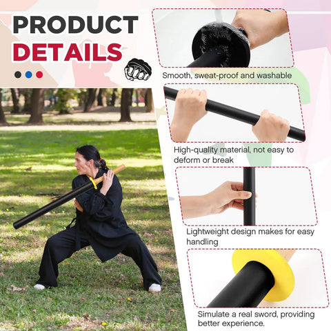 Person demonstrating 2 Pack 33.5 Inch Foam Swords For Adults with wood handle, emphasizing durability and washable features, outdoors.