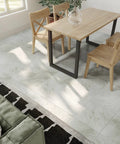 Wood Look Peel And Stick Vinyl Tiles 12x12 Inches, 24 Pack, Waterproof, self-adhesive in a bright living area with wooden furniture.