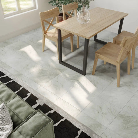 Wood Look Peel And Stick Vinyl Tiles 12x12 Inches, 24 Pack, Waterproof, self-adhesive in a bright living area with wooden furniture.