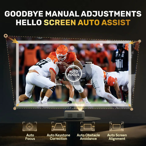 D1 Smart Projector With WiFi And Bluetooth Built In Apps Auto Focus displaying football game on screen with auto adjustments features