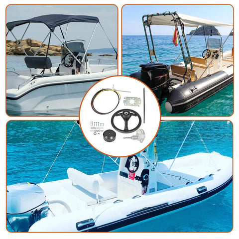 Collage of 10 Feet Marine Steering Cable Kit With 3/4 Shaft And 12.4 Inch Wheel Replaces SS13710 for various watercraft