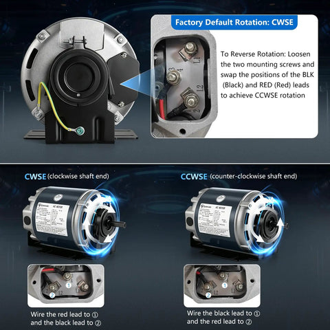 Premium One Quarter Hp Belt Drive Blower Fan Motor With 115 V 1725 Rpm And 48 Frame For Hvac Units, showing wiring for clockwise and counter-clockwise rotation.