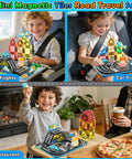 Children playing with Mini Magnetic Tiles Road Travel Set on plane, car seat, and restaurant table, portable STEM sensory toy for kids.