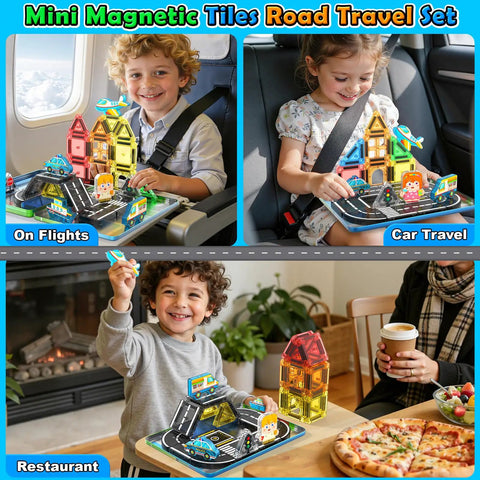Children playing with Mini Magnetic Tiles Road Travel Set on plane, car seat, and restaurant table, portable STEM sensory toy for kids.
