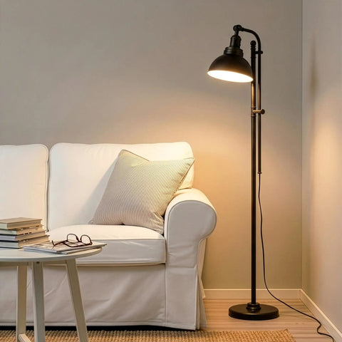 Industrial Floor Lamp With 180 Degree Adjustable Head, Lit LED Reading Light next to sofa in cozy living room