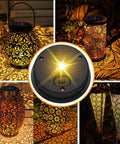 Two Pack Solar Light Replacement Tops in outdoor lanterns, 3.2 inch outer ring, waterproof, warm white LEDs, DIY upgrade visible.