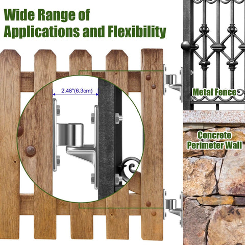 Heavy Duty Gate Hinges With One Piece Cast AISI 304 Stainless Steel Left Handed Sliding Bolt Latch and Adjustable Silent Pads installed on wood and metal fence