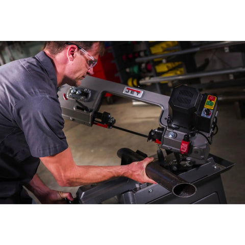 5 By 6 Inch Mitering Bandsaw With Variable Speed, Half Horsepower, 115V Single Phase, Fully Adjustable Ball Bearing Guides, No Fuss Dial Speed Change, Cast Head Swivels To 45 And 60 Degrees, Wheels For Easy Mobility