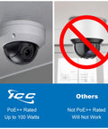 Comparison of PoE++ rated security camera and non-rated camera with red cross indicating not working