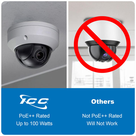 Comparison of PoE++ rated security camera and non-rated camera with red cross indicating not working