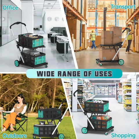Heavy Duty Foldable Grocery Cart With 2 Storage Crates, 350 Lb Capacity, 2-Tier Shopping Cart at office, warehouse, outdoors, supermarket