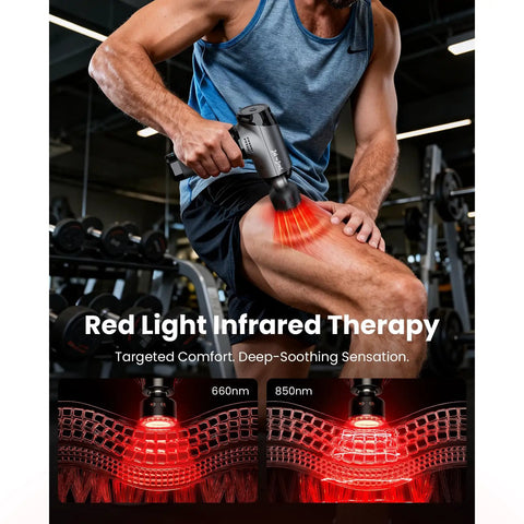 Man using T2 Ultra Percussion Massage Gun With Heated Infrared Red LED Therapy For Deep Tissue Muscle Recovery on leg in gym.