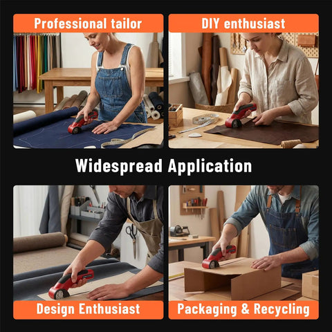 Katerk 4.4V Cordless Electric Scissors & Cardboard Cutter with users in various crafting scenarios including tailoring and recycling.