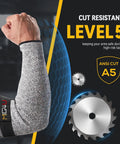 Cut Resistant Arm Sleeves With Thumb Holes Adjustable 18 Inch Grey Protection For Men And Women Ideal For Yard Work Construction Farm Gardening Pruning And Other Sharp Tasks, showing sleeve on arm with saw blade graphic.