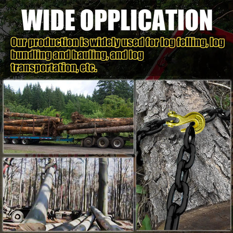 G80 Transport Binder Chain One Quarter Inch Fourteen Feet With Clevis Grab Hooks used for log transport and securing.
