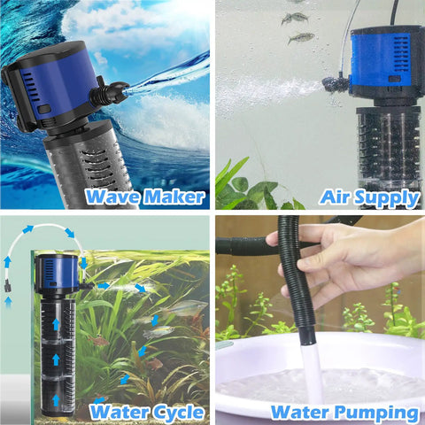 660GPH Submersible Pond Pump With Sponge Filter And 3 Stage Filtration For Aquariums And Hydroponics in four different uses.