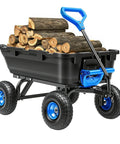 900 Pound Capacity Garden Dump Cart With 10 Inch Non Slip Pneumatic Tires Built Tough Heavy Duty 4 Wheel Wheelbarrow Cart loaded with firewood