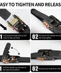 Heavy Duty Ratchet Tie Down Straps One Inch By Fifteen Feet showing tightening steps and grippy handles for secure hauling.