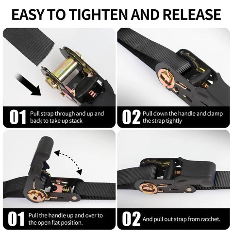 Heavy Duty Ratchet Tie Down Straps One Inch By Fifteen Feet showing tightening steps and grippy handles for secure hauling.