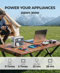 On The Go Portable Power Station 300W 256Wh Solar Generator on table during camping with laptop and phone charging outdoors