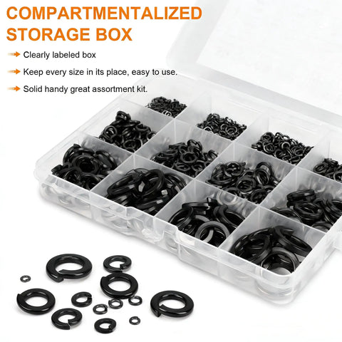 295 Piece Metric And SAE Spring Lock Washer Kit In Stainless Steel 304 Pro Grade Heavy Duty Washers In Sizes M3 To M10 And Six To Ten And Three Eighths Inch For Auto Motorcycle And Machinery Projects, compartment box