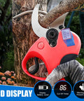 Pro-Level Cordless Pruning Shears That Rips Through 1.6 Inch Branches Like Butter With Rechargeable Batteries, view showing LCD display and cutting thick branch.