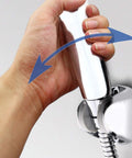 On Wall Mount Shower Bracket For Handheld Shower Head With Height Adjustable Holder, chrome finish, angle adjustment shown in hand.
