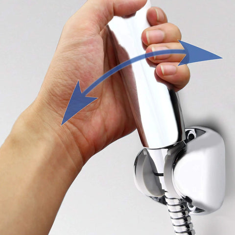 On Wall Mount Shower Bracket For Handheld Shower Head With Height Adjustable Holder, chrome finish, angle adjustment shown in hand.