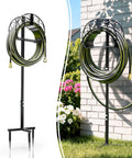 All In One Garden Hose Holder Kit With 50 Ft Hose Half Inch, Heavy Duty Freestanding Metal Stand shown in garden setting