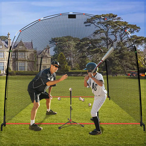 Portable Baseball And Softball Batting Cage Net With Frame For Backyard Practice in use by coach and player