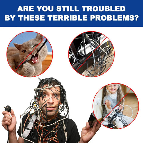 Man tangled in cables and images of messy wires, emphasizing the need for Split Sleeve Wire Loom for High Temperature Automotive Harness.
