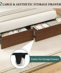 Queen Size Bed Frame With Storage Headboard And Two Drawers Mid Century Modern Platform Bed featuring aesthetic storage drawers with casters.