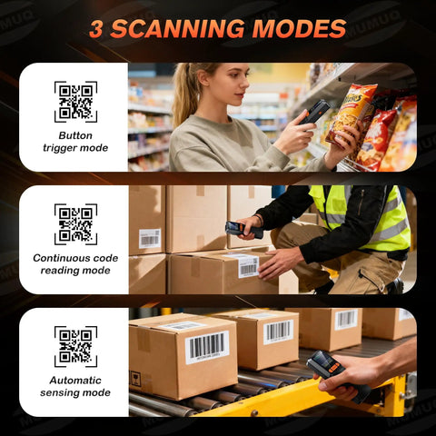 Multi Mode Wireless Barcode Scanner With Bluetooth 1D 2D QR Code Reader 3 In 1 USB 2.4G And LCD Screen in use at stores and warehouses