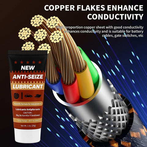 Anti Seize Copper Lubricant For Brake Calipers And Threads High Temp Formula To Prevent Seizing And Noise, 1 oz tube displayed with wire conductivity illustration