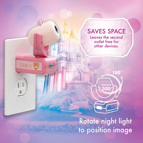 LED Kids Night Light With Projector And Dusk To Dawn Sensor Projects Six Princess Images Belle Jasmine Ariel Moana Tiana And Mulan On Ceiling Wall Or Floor Plug In Pink Glow Night Light For Sleepy Heads showing rotating feature