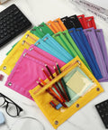 50 Pack Pencil Pouches With Clear Window For 3 Ring Binders, multicolor, showcasing contents like pencils and notepads on a desk.