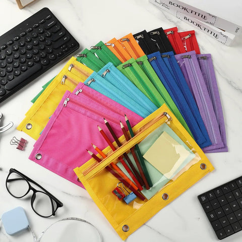 50 Pack Pencil Pouches With Clear Window For 3 Ring Binders, multicolor, showcasing contents like pencils and notepads on a desk.