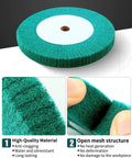 Heavy Duty 8 Inch Bench Grinding Wheels With 240 Grit Non Woven Tight Weave Buffing Pads Rock Solid, showing green buffing wheel close-up.