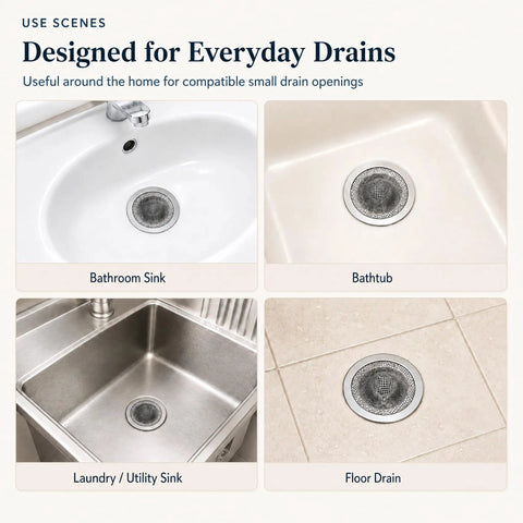 Top Shelf 50 Pack Stainless Steel Sink Strainers 2-3/4 Inch Mesh Drain Filter Basket in bathroom, bathtub, laundry, and floor drains.
