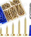 150 Piece Yellow Zinc Self Tapping Wood Screws With Flat Head Drywall Plastic Anchors Kit, assorted sizes and fasteners in storage box.