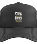 Cool Vise Gauge Square Machinist Trucker Hat For CNC Guys With Adjustable Mesh Back And Structured Foam Front In Sleek Black, front view with logo.