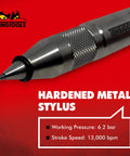 Close-up of 360 Degree Precision Steel Pneumatic Air Scribe Engraving Pen With Metal Stylus, showing hardened metal tip and knurled grip.