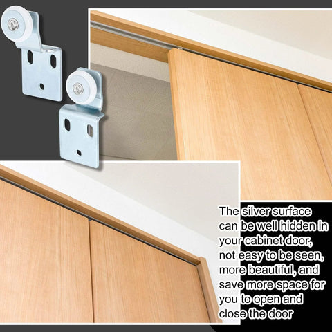 Eight Pack Sliding Closet Door Roller Kit With Screws For Top Hung Bypass Wardrobe Doors Includes Four No 1 Rollers And Four No 2 Rollers Twenty Four Mounting Screws One Half Inch And Three Eighth Inch Offset Rollers Easy Installation Hardware shown with wooden sliding doors