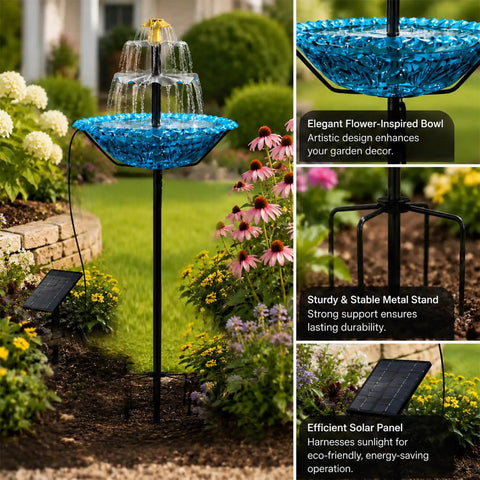 Sun-Powered Bird Bath Fountain With External Solar Panel And Copper Cleaner, self-cleaning outdoor water feature in garden
