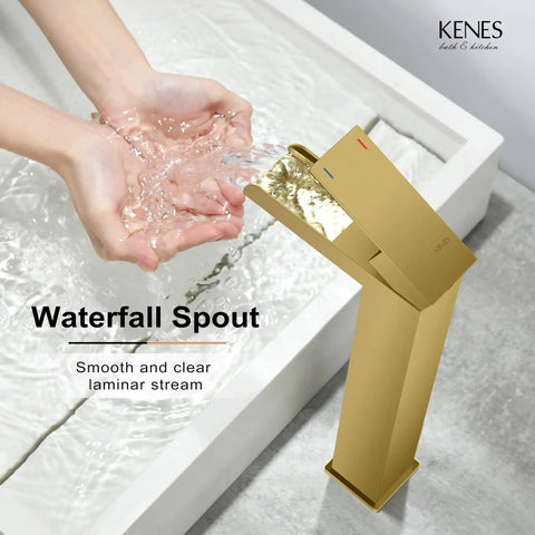 Gold Vessel Sink Faucet Brushed Gold Tall Waterfall Bathroom Vanity Faucet With Single Handle Pop Up Drain And Lead Free Water Supply Hoses Sleek Modern Design Fits Most Sinks