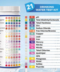 21-In-1 Water Test Strips 125 Count pH Hardness Lead Mercury Chlorine Nitrate Fluoride Heavy Metal Test Kit display showing test parameters.