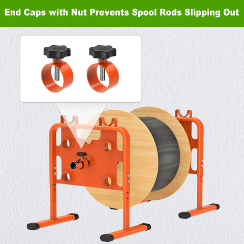 Heavy-Duty Adjustable Wire Dispenser And Welded Steel Spool Rack For Heavy Cables Portable Cable Caddy with end caps shown